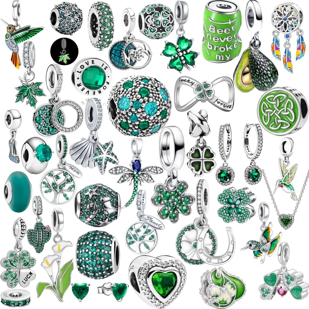 

Hot New Summer green series Silver Clover Bead Maple Bird Charm Fit Original Women Bracelet DIY Fine Dangle Jewelry Amulet Gift