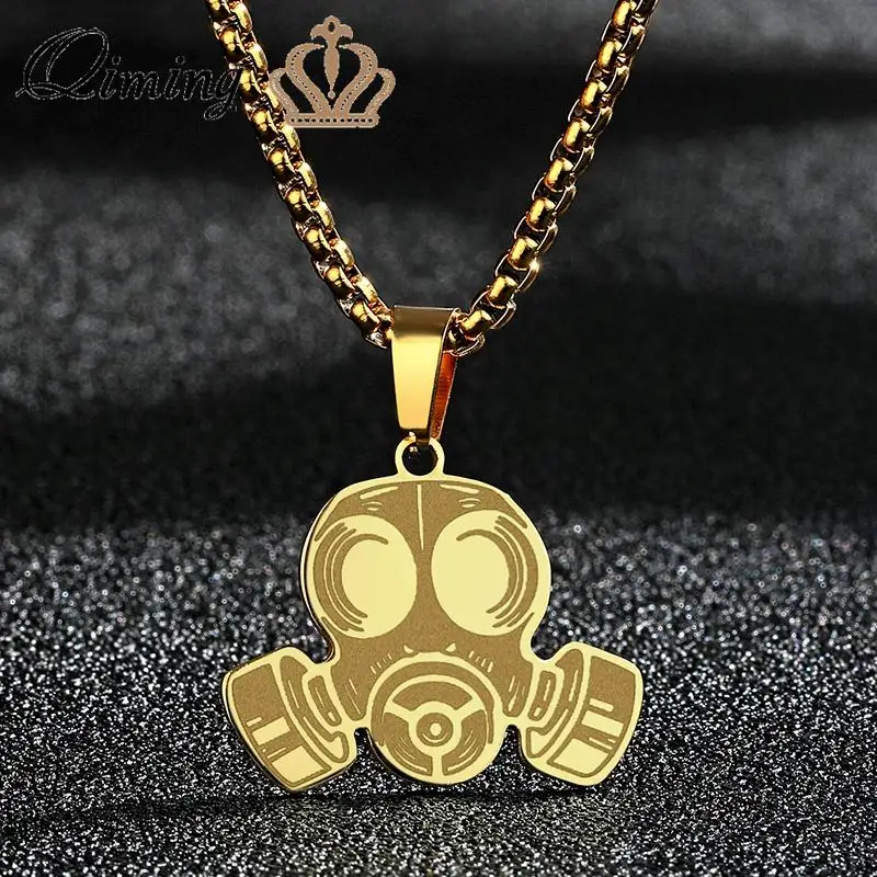 QIMING Stainless Steel Gas Mask Pendant Necklace Vintage Men Jewelry Protective Masks Symbol Punk Male Necklace