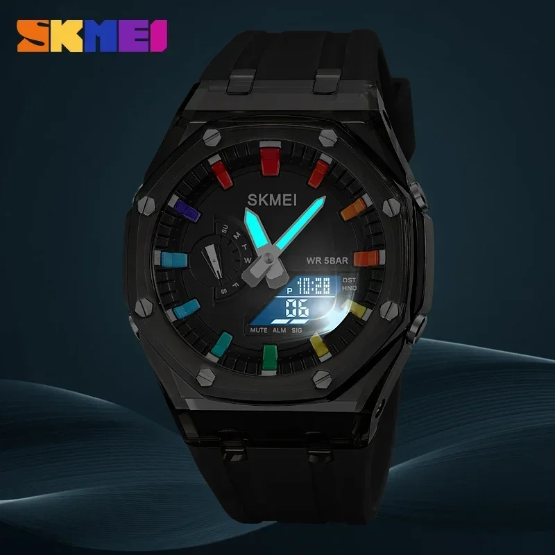 SKMEI 2100 Waterproof Men Watch Countdown Stopwatch Led Light Electronic Movement Wristwatch 5Alarm Clock 2 Time Digital Watches