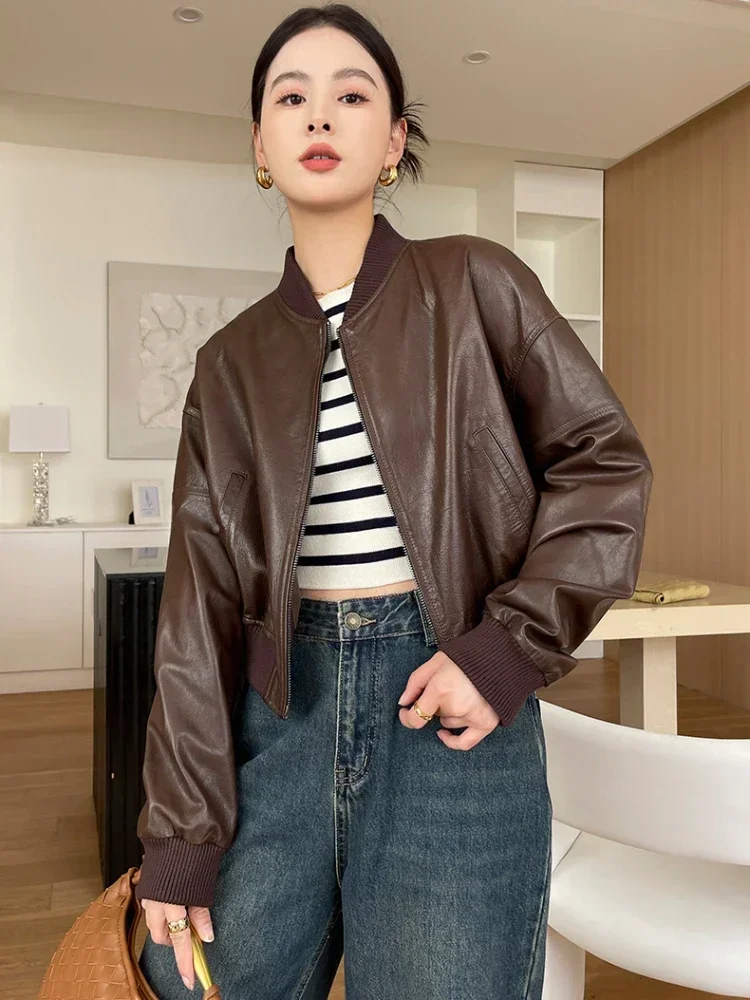 

Classic Short Genuine Leather Bomber Jackets Women High-end Simple Loose Solid Soft Real Goatskin Coat jaqueta feminina de couro