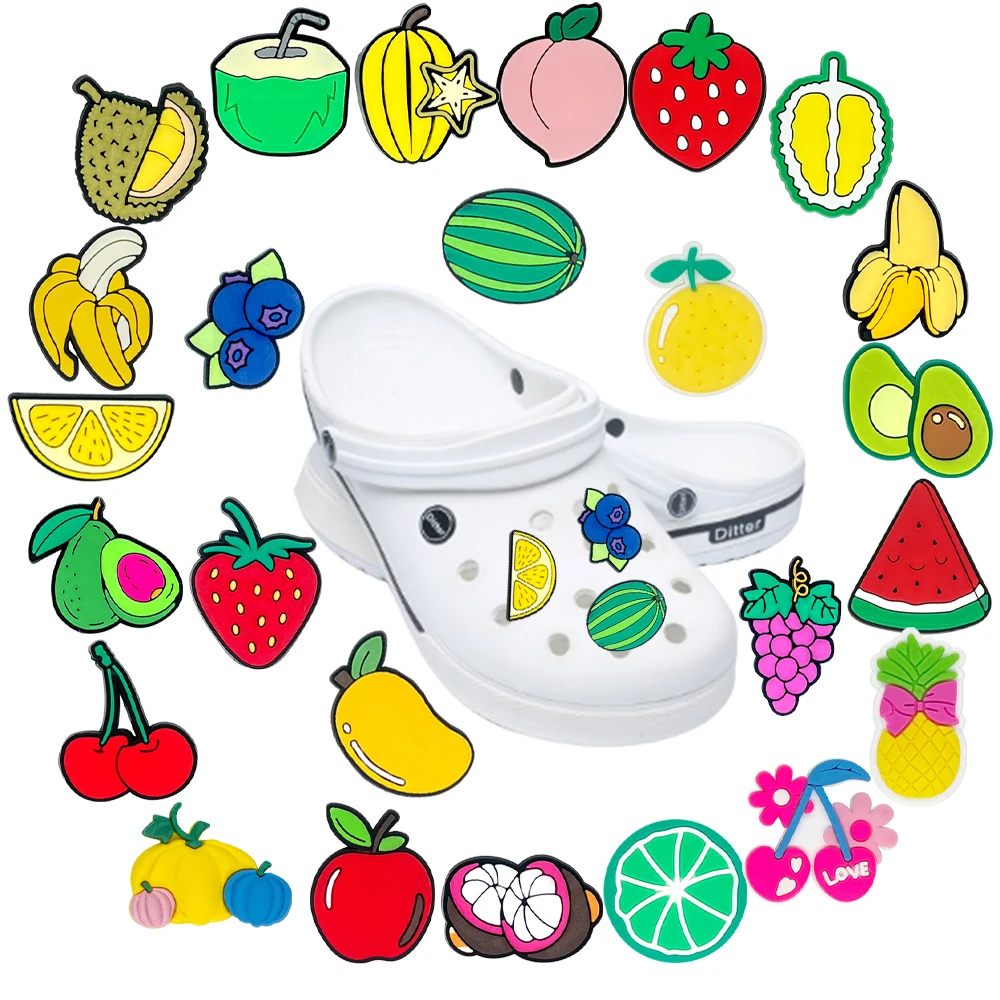 

1-50pcs Hot sales Cute Cartoon Fruit Series PVC shoe Charms Accessories DIY Fit Clogs PVC Shoe Decorations Buckle Kids Gifts