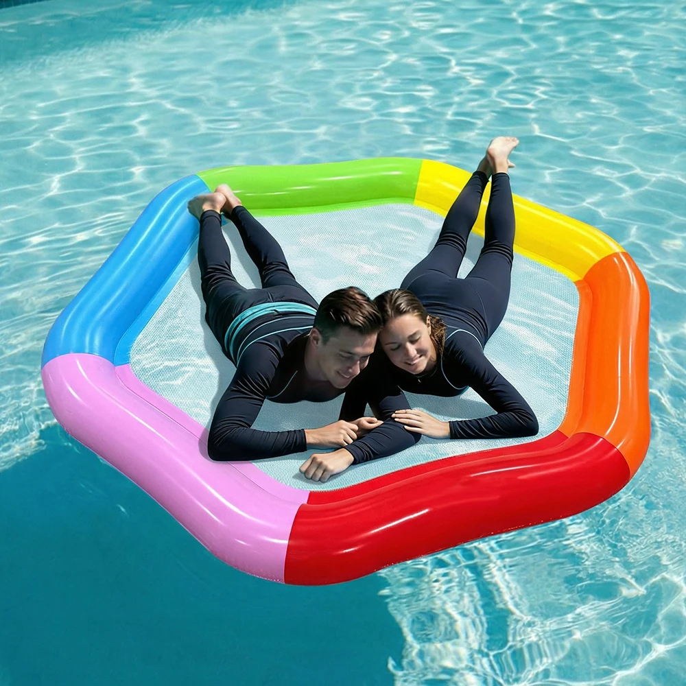 1pc Rainbow Hexagon Inflatable Pool Float With Mesh Seat Adult Water Hammock Lounger Summer Swimming Floatie