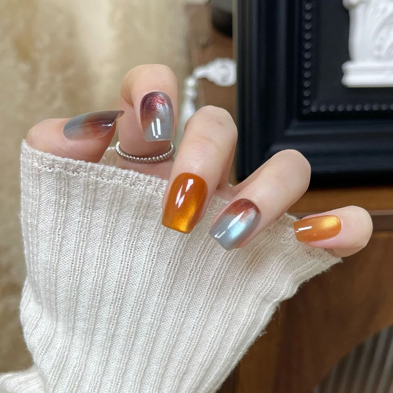 10Pcs Short Square Fake Nails Blue Brown Patchwork French False Nails Designs Full Coverage Waterproof Artificial Press on Nails image 2