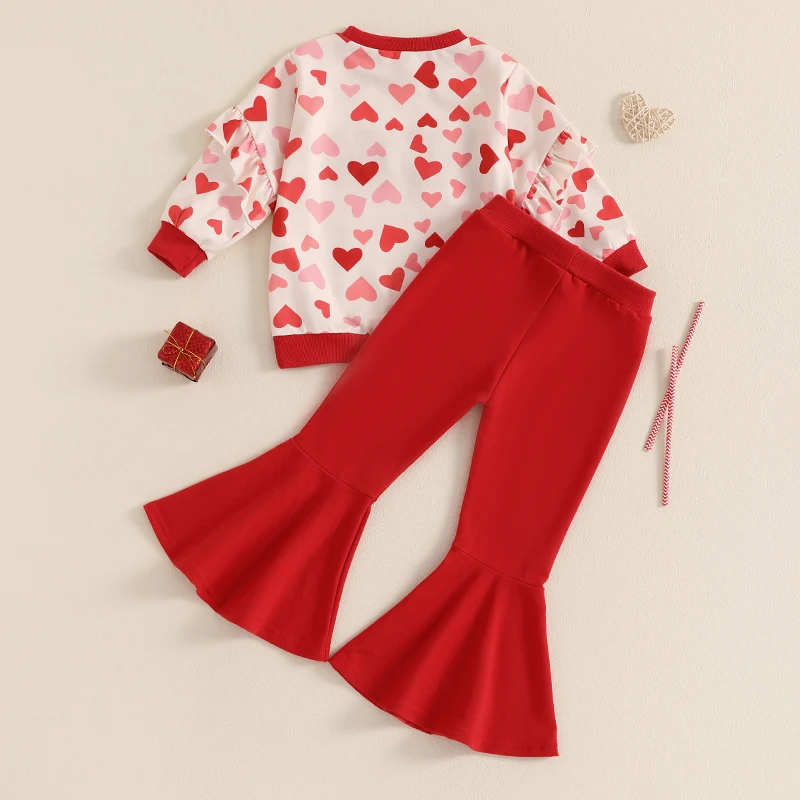 Toddler Baby Girl Valentine’s Day Outfits Long Sleeve Ruffle Sweatshirt + Flare Pants Clothes Set