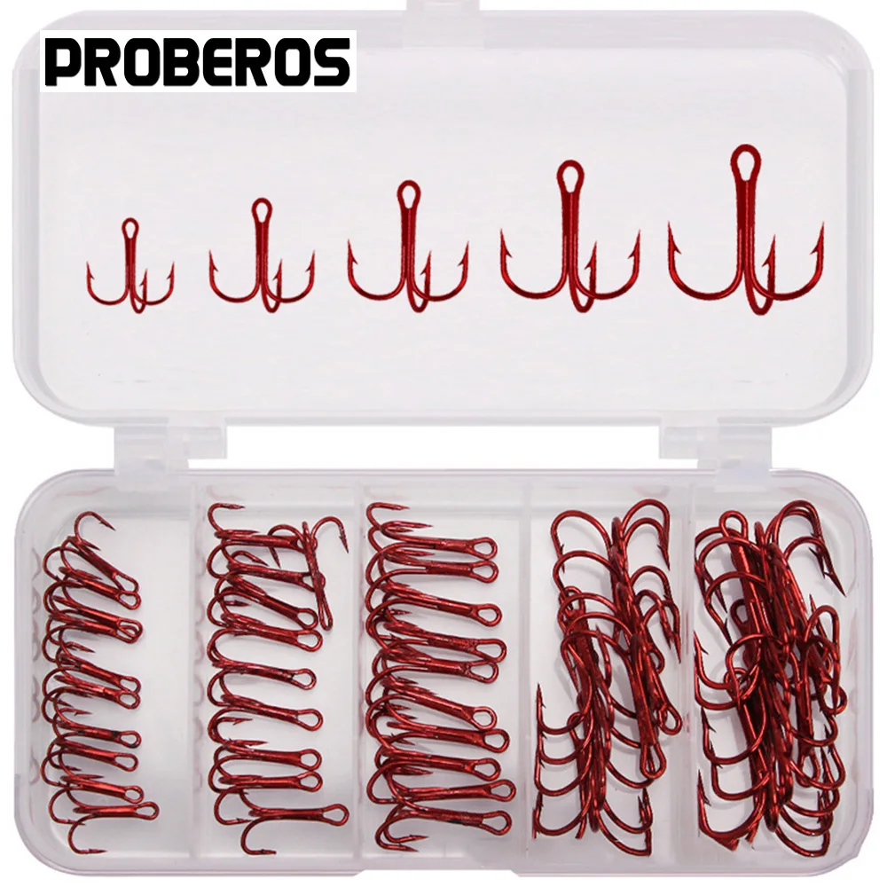 50Pcs Fishing Treble Hooks Kit High Carbon Steel Hooks Strong Sharp Round Bend for Lures Baits Saltwater Freshwater Fishing