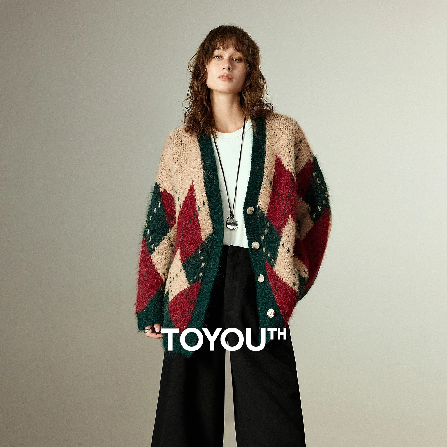 

TOYOUTH женские пальто-свитера, новинка зимы 2021, ретро скандинавские цветные блоки, Argyle, с v-образным вырезом, свободная шерстяная верхняя одежда