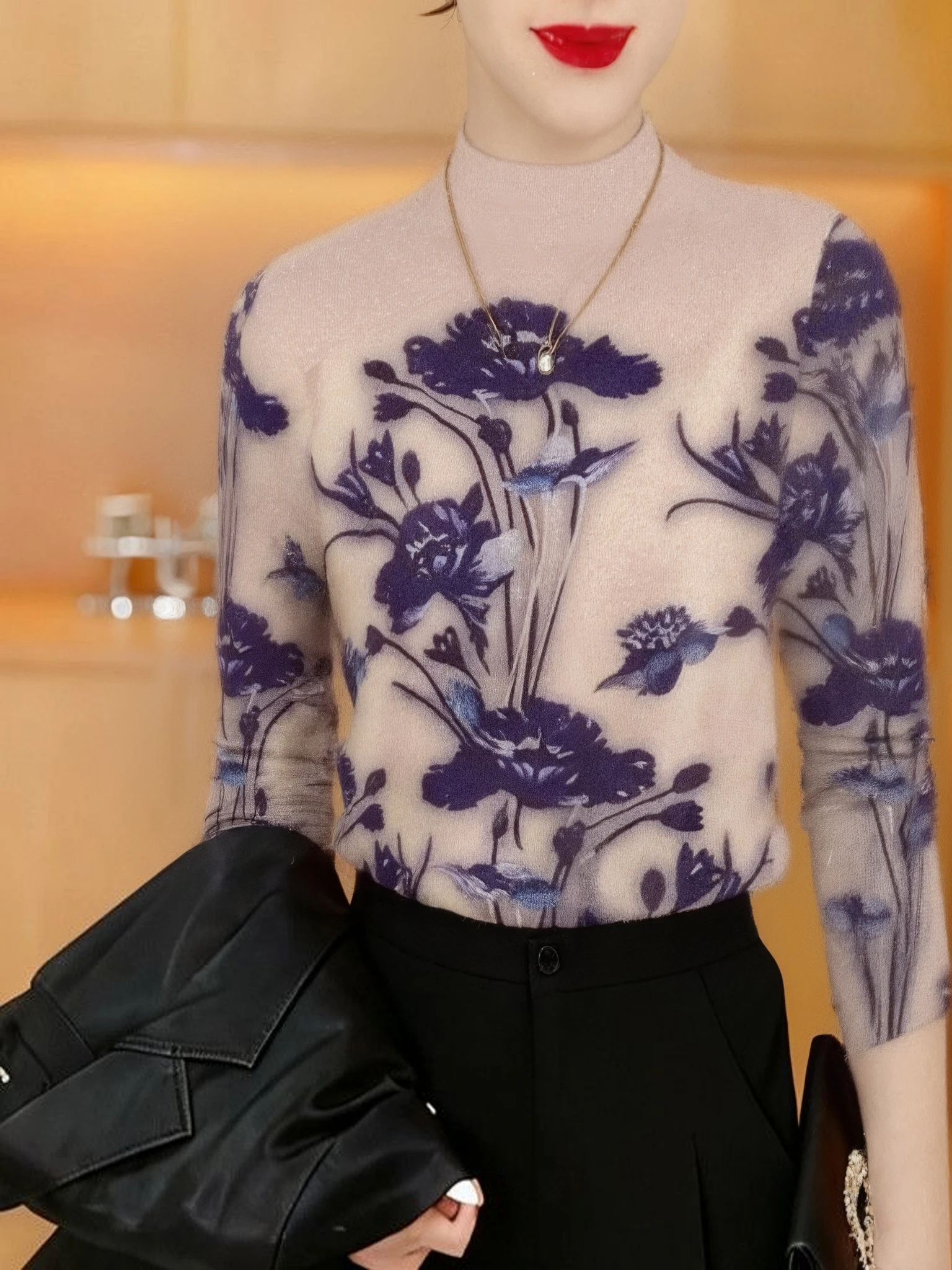

Thickened Fleece Long Sleeve Floral Print Base Shirt Mommy Style Mid-aged Women's Clothing Half-high Collar Warm Top for Elderly