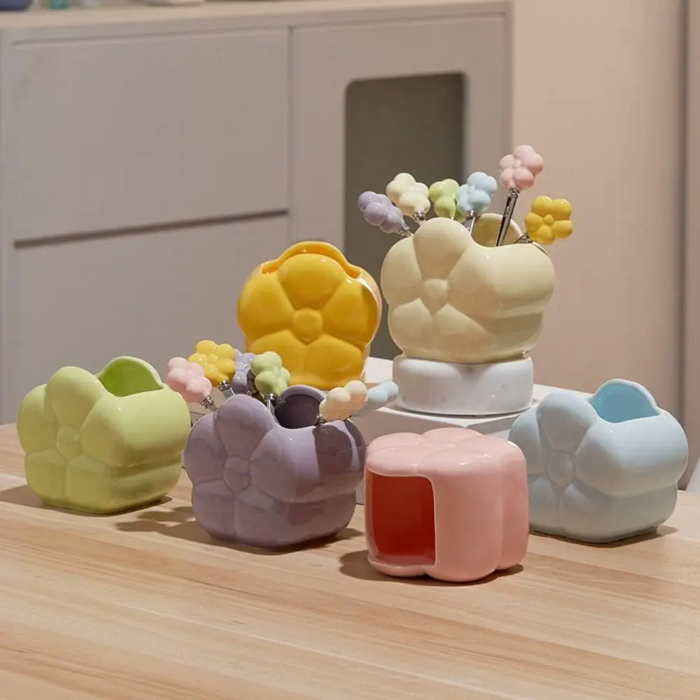 

Multi-functional Ceramic Fruit Forks Receipt Jar Cartoon with Storage Can Flower Fruit Fork Set Creative Home Decoration