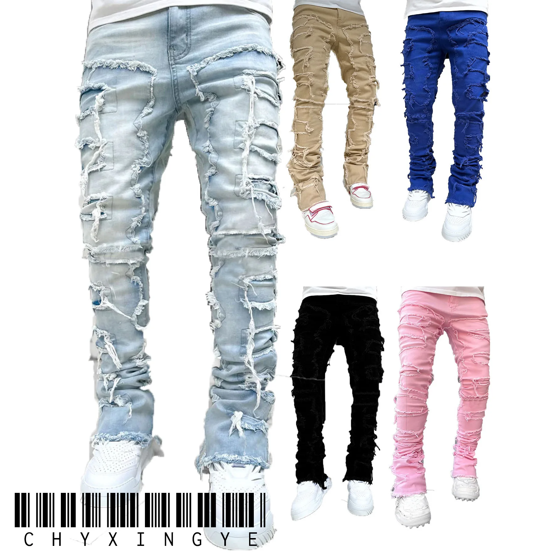 new Patch denim straight-leg pants retro jeans street fashion ins explosive style elastic new men\'s fashion retro denim trousers