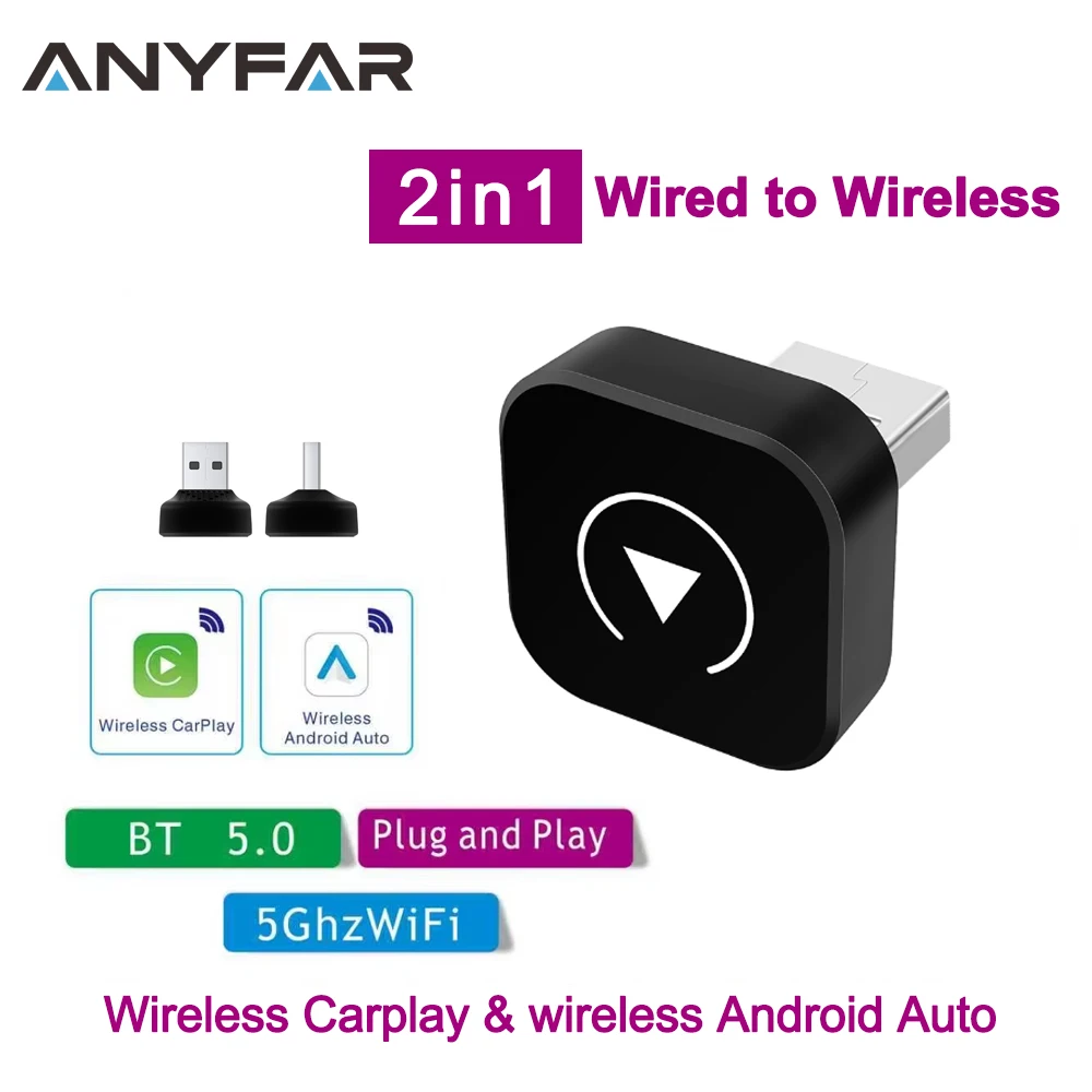 

Беспроводной адаптер Carplay 2 в 1, преобразует проводный в беспроводной адаптер Carplay для iPhone и Android, Plug & Play Carplay