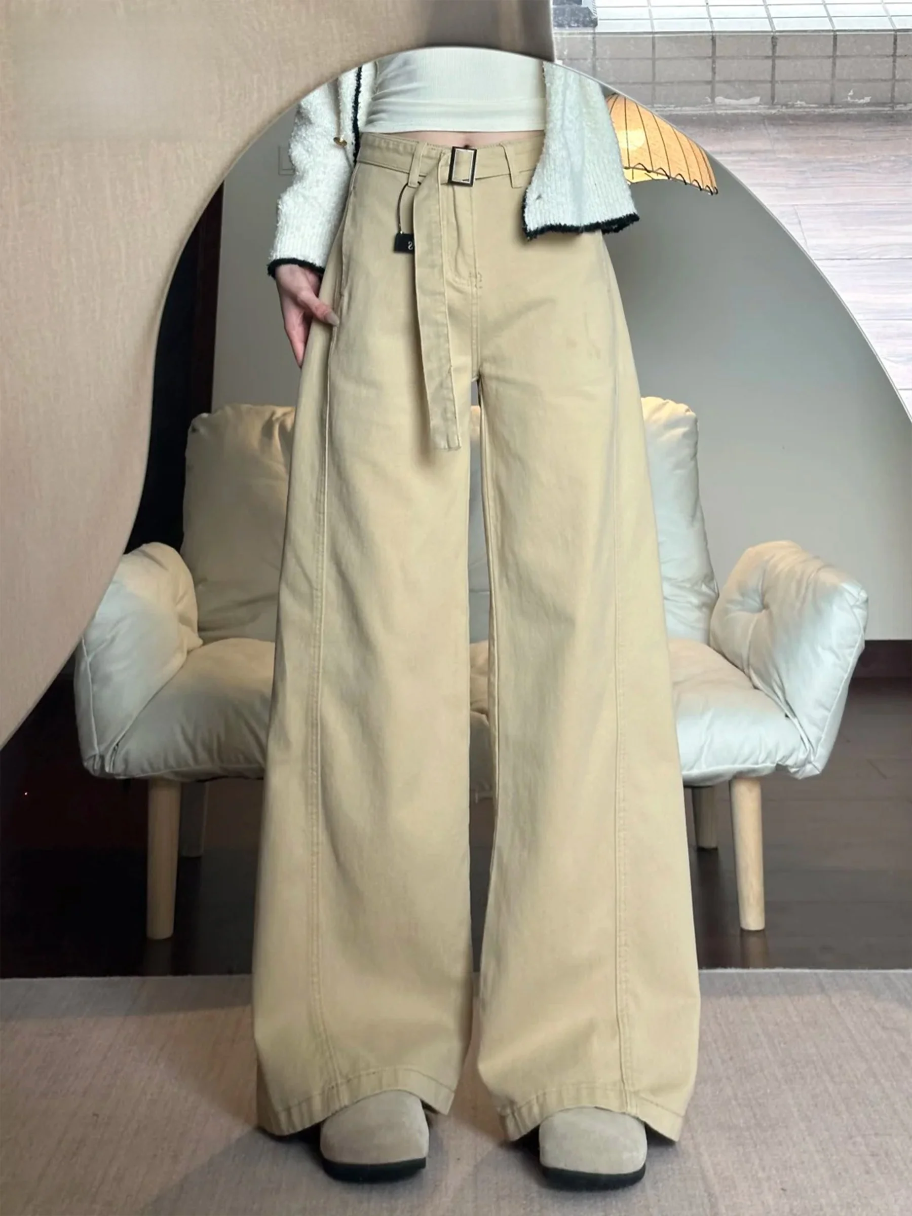 

Женские джинсы цвета хаки с высокой талией, широкими штанинами, свободного кроя, прямые, длиной в пол, в повседневном стиле, с застежкой на пуговицах