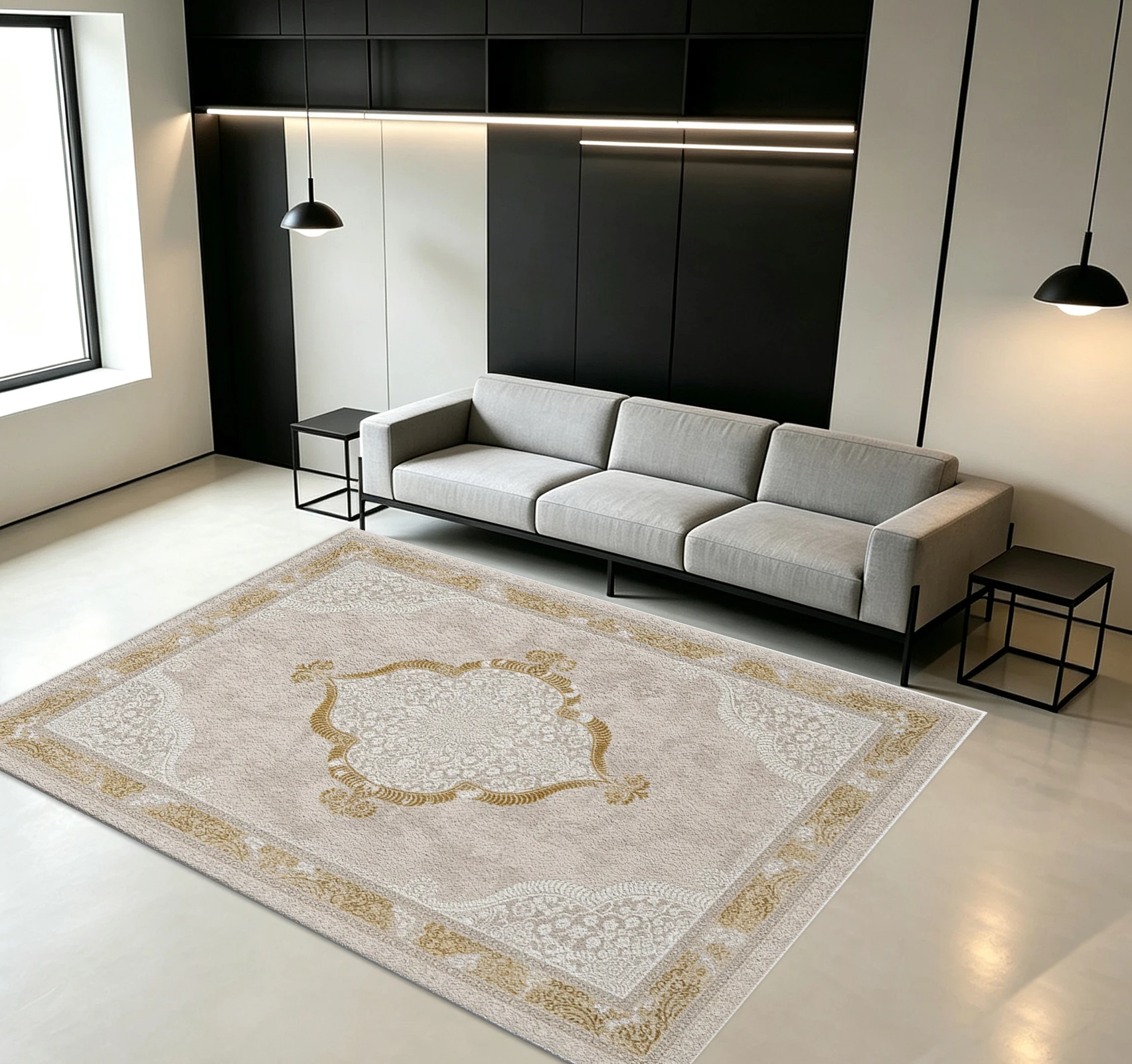 Elegant Vintage Medallion Carpet Flooring, Light Beige Gold Pattern Area Rug for Home Interior