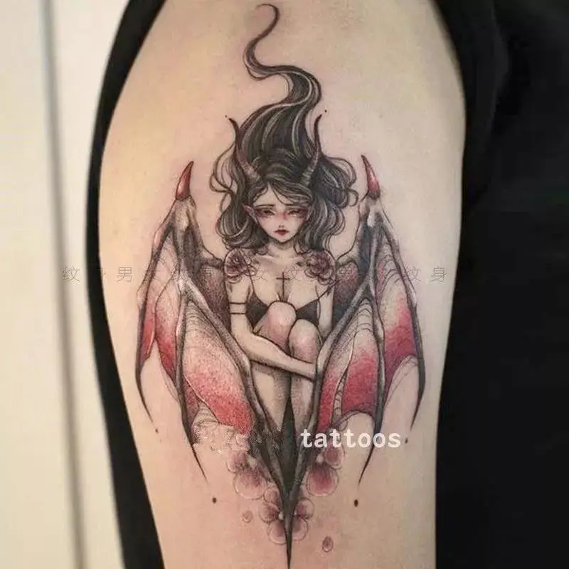 2023 New Dark Japanese Devil Wings Geisha Tattoo Stickers Waterproof Lasting Temporary Tattoo Sweet Cool Fake Tattoo for Women