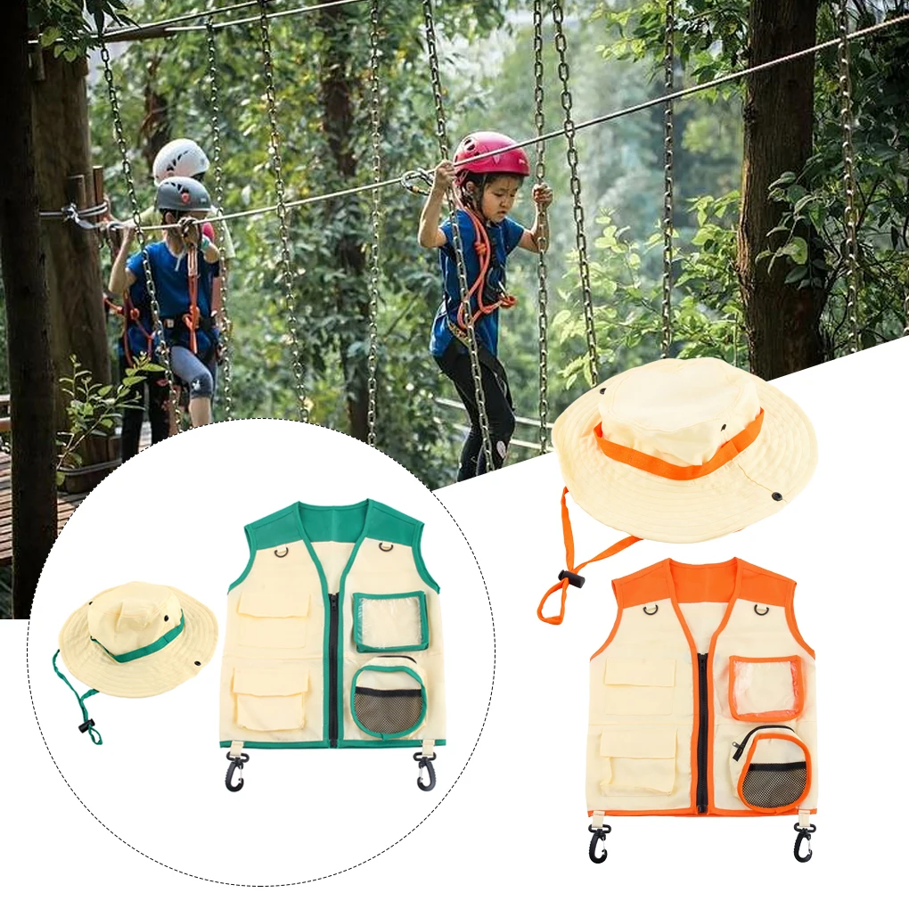 Kids Insect Explorer Vest Hat Kit Outdoor Camping Fishing Adventure Costumes School Party Boys Girls Suit with Multiple Pockets