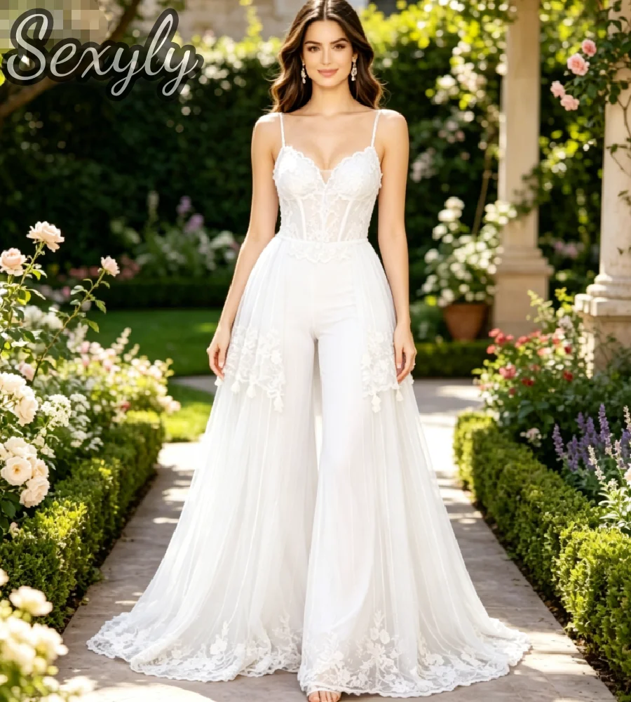 Boho Lilac Jumpsuit Wedding Dress 2026 Spaghetti Strap Sheer Glitter Tulle Blue Gothic Bohemian Bridal Gown Civil Beach Evening