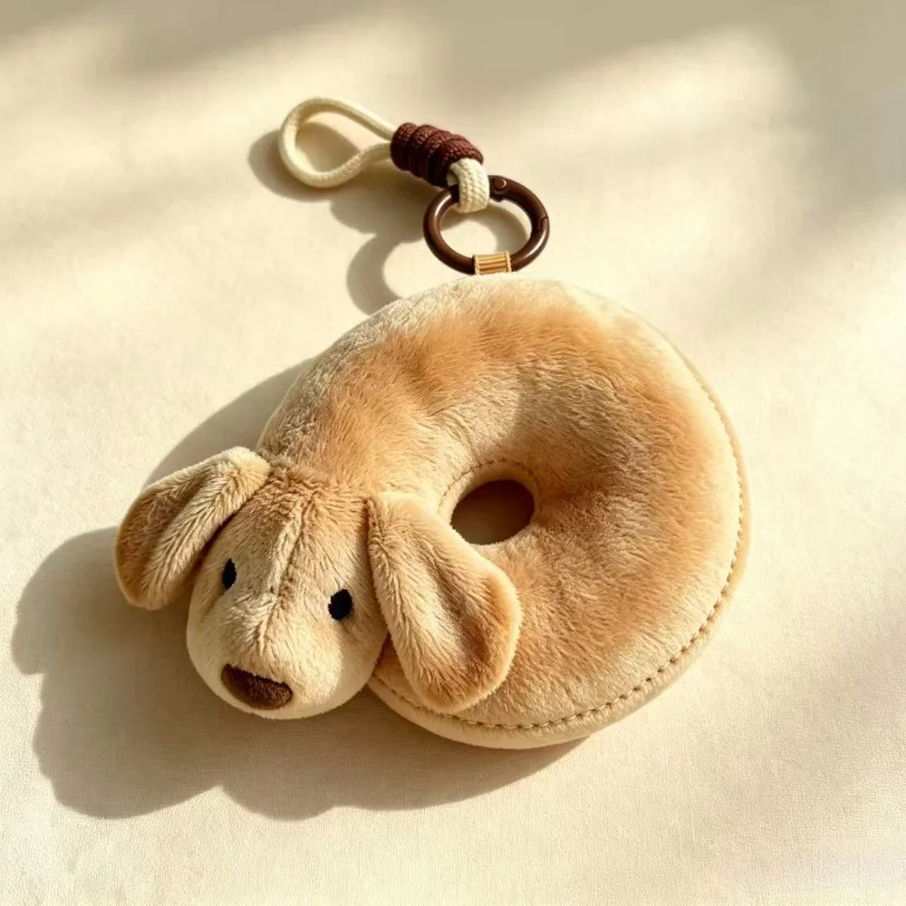 Aesthetic Trending Bagel‑Shaped Dog Plush Keychain, Cute Puppy Bag Charm Pendant, Soft Stuffed Ornament for Gifting