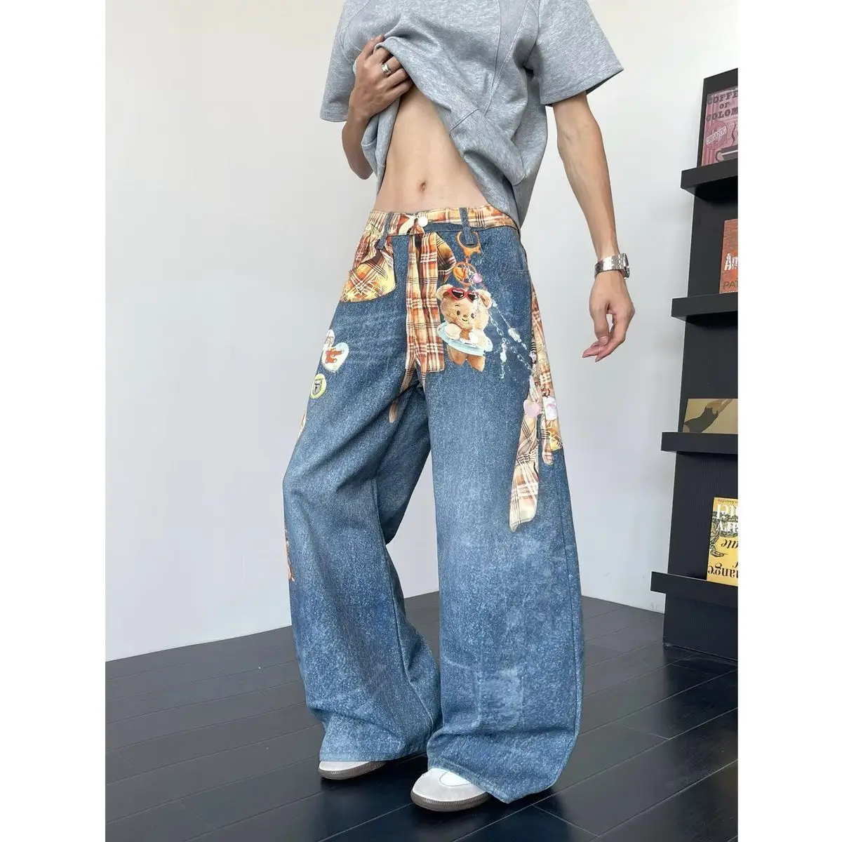 Men's Cute Pattern Print Jeans Casual Pant Wide Legs Sweatpants Cool Boy Summer Bottom Male High Waist Unisex Baggy Y2k Trousers