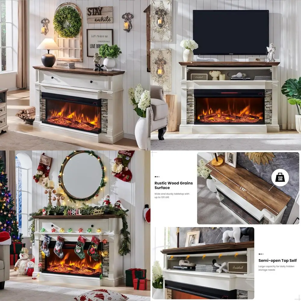 

52 Freestanding Electric Fireplace TV Stand with 36 3-Side Glass Insert for TVs up to 65