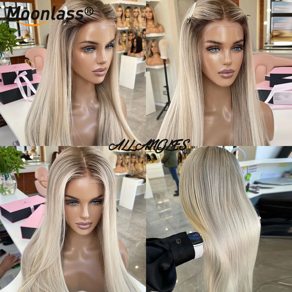 Vanilleblonde Balayage 13x6 transparente Lace-Front-Perücke, 100 % Echthaar, Perückenstufe, glattes Haar, 210 % Dichte, realistische Remy-Perücken