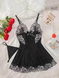 Sexy Women's Slip Fashion Design Nightdress Lace Patchwork Comfortable Slip Dress +thong Women Sexy Sleeveless V-neck Nightgown