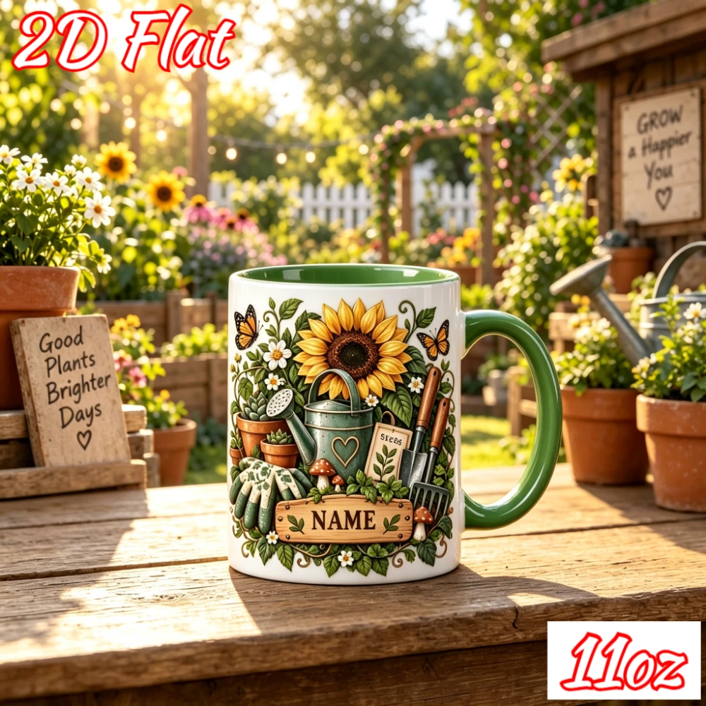 Personalized Sunflower Gardener Mug 11oz Custom Name Ceramic Coffee Cup 2D Printed Watering Can Gardening Tool Gift for Plant Lo