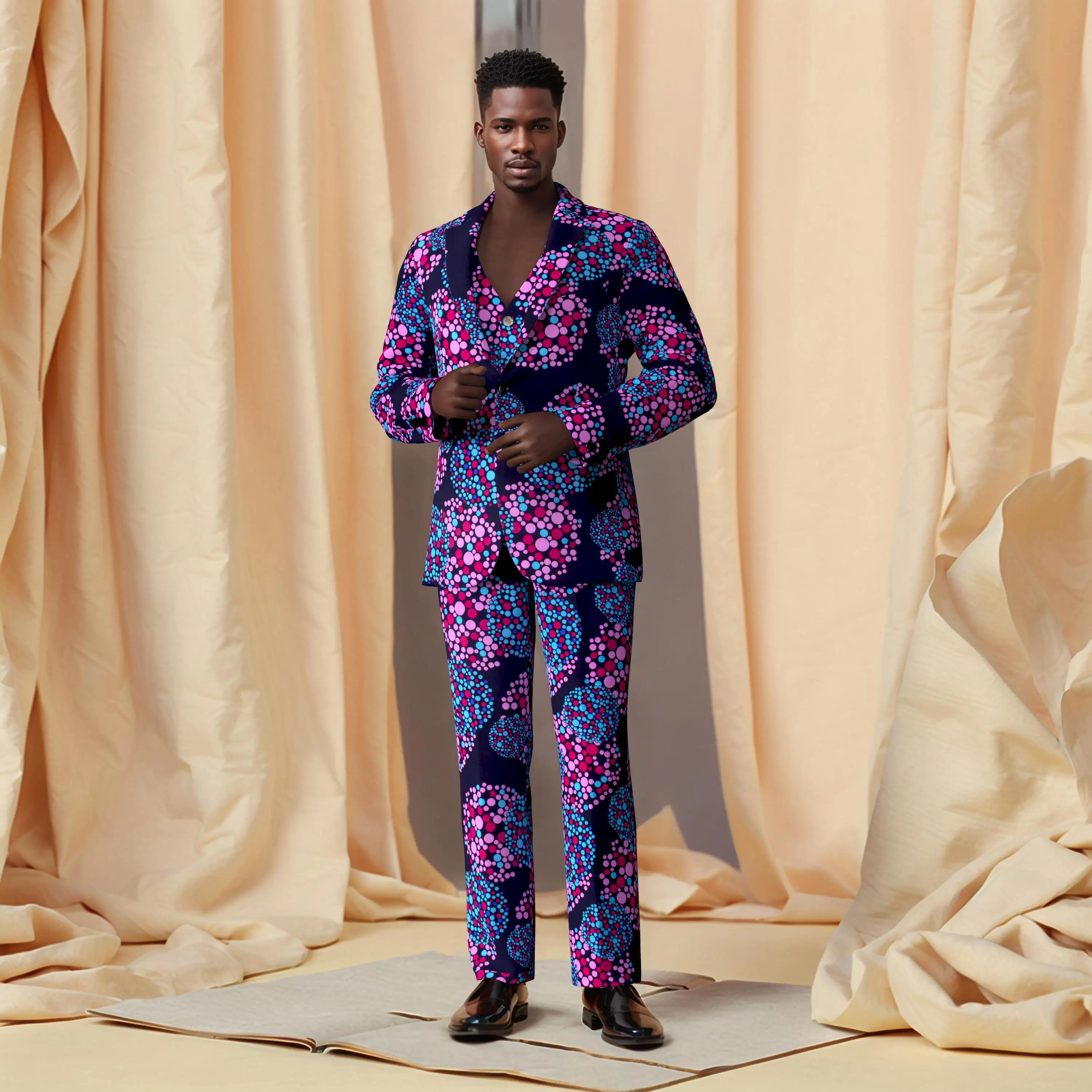 Mens African Clothing Dashiki Men's Suit Three Piece Set Long Sleeve Coat Vest and Pant Traditional Cotton Party Clothing