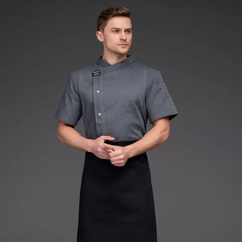 Grey Chef Jacket Catering short sleeve chef uniform Work Wear Clothes Restaurant Uniforms Coat men Kitchen Cook Clothing outfit