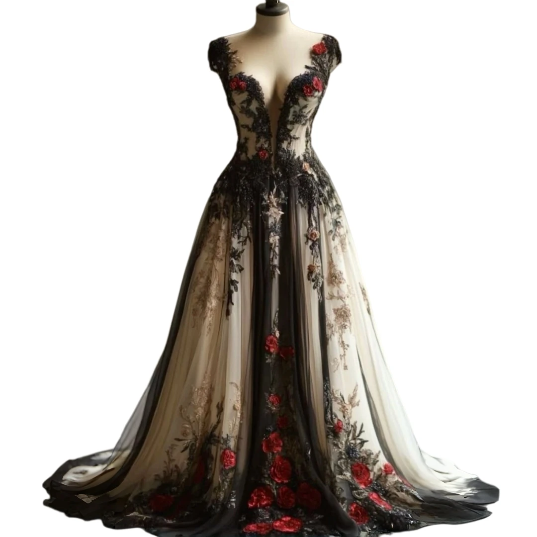 Champagne And Black Gothic Wedding Dress With 3 Floral Appliques Lace Cape Sleeves A-Line Tulle Vintage Bridal Gown Customized
