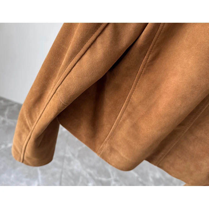 2025 ฤดูใบไม้ร่วงVINTAGEสีน้ําตาลผู้หญิงของแท้หนังสั้นชุดสูทSingle-breasted Goatskinเด็กเสื้อแจ็คเก็ตหนังนิ่มหญิง