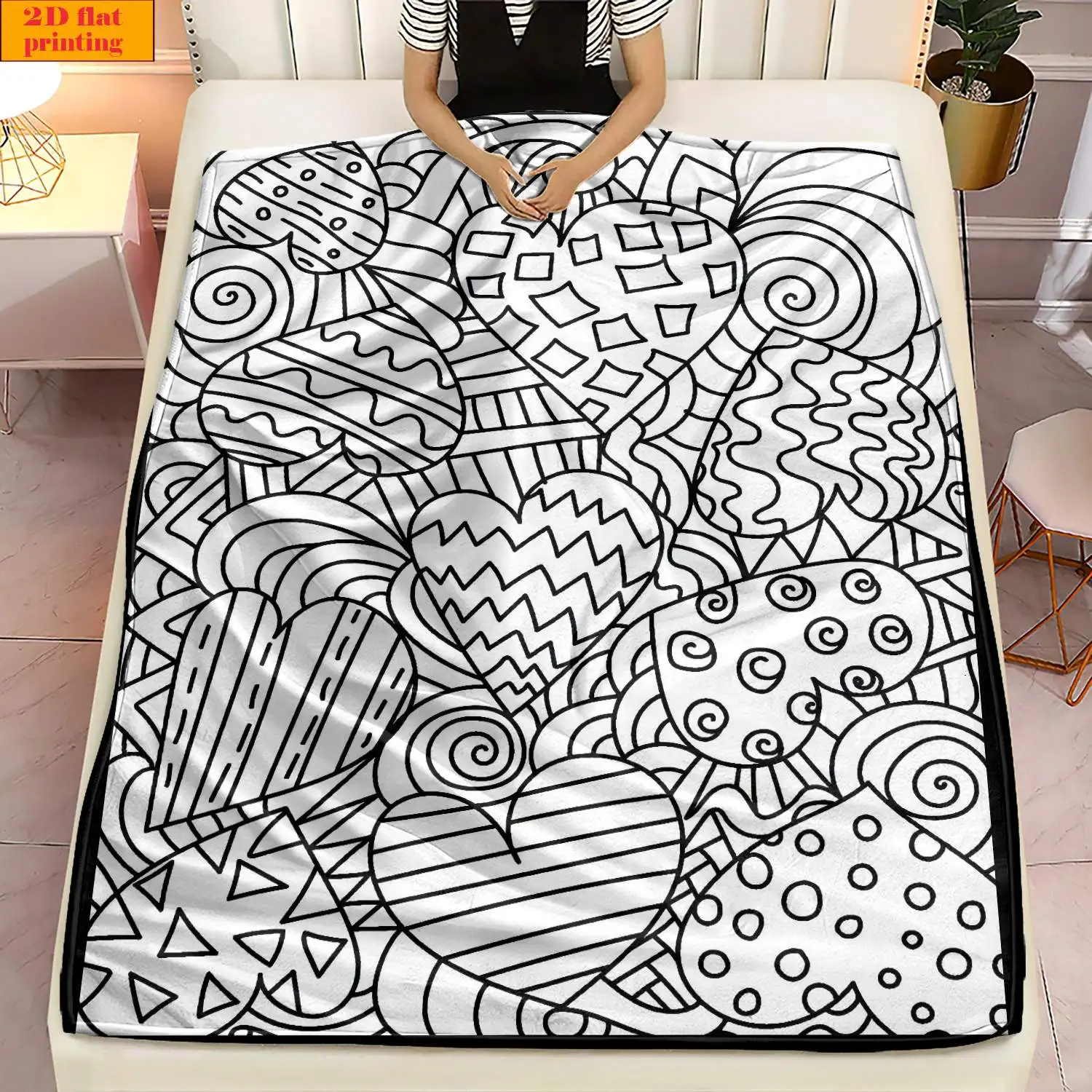 Black Line Doodle Heart Geometric Shape White Base Flannel Throw Blanket Soft Warm Cover For Sofa Bedroom Valentine Minimal Gift