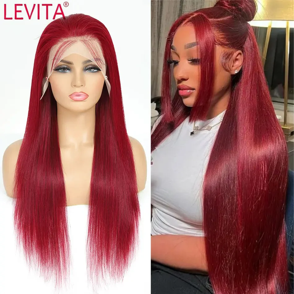 99J Wig Rambut Manusia Renda Depan Berwarna untuk Wanita Wig Lurus Warna Merah Anggur 13X4 Wig Frontal Renda Transparan Warna Merah Anggur untuk Wanita