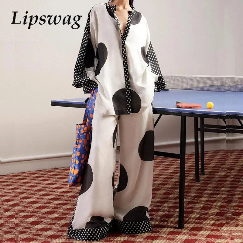 

Autumn Casual Casual V-neck Long Sleeved Blouse Tops + Long Pants Set Women Loose Two Piece Vintage Pattern Printed Office Suit