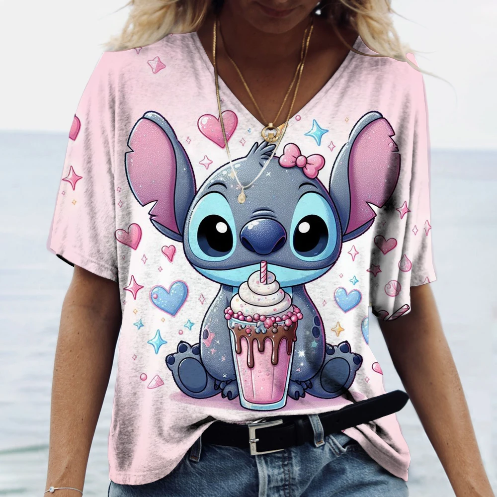 2025 sommer Frauen Cartoon Stich Tops Tees Stilvolle T-shirt Weibliche Mode Kurzarm Kleidung Hohe Qualität Casual Streetwear