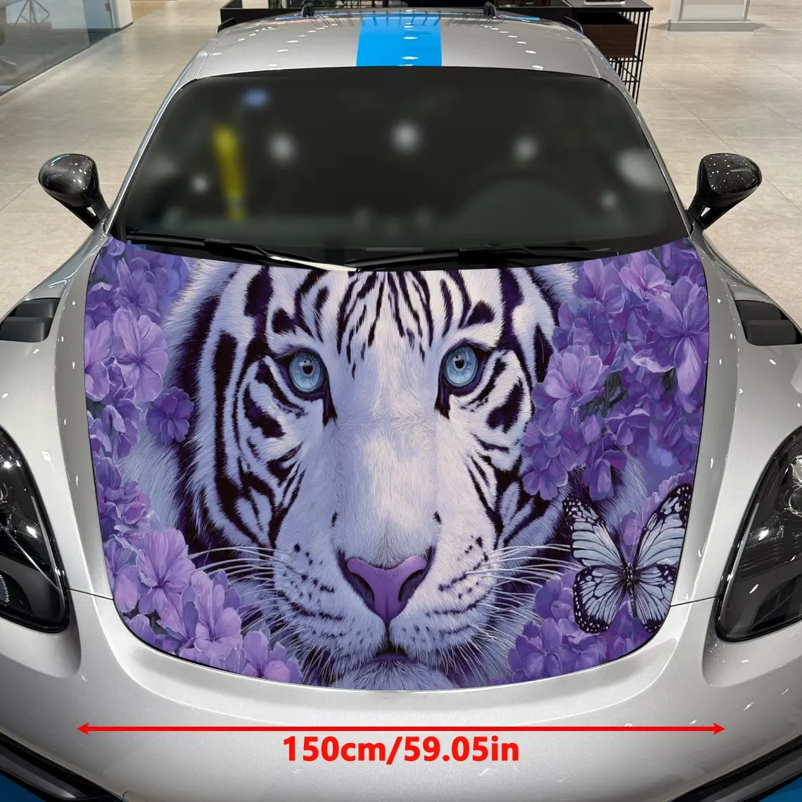 Car Decals A White Tiger Design with Butterfly and Floral Elements in a Purple-Hued, Textured Background with Artistic, Whimsica