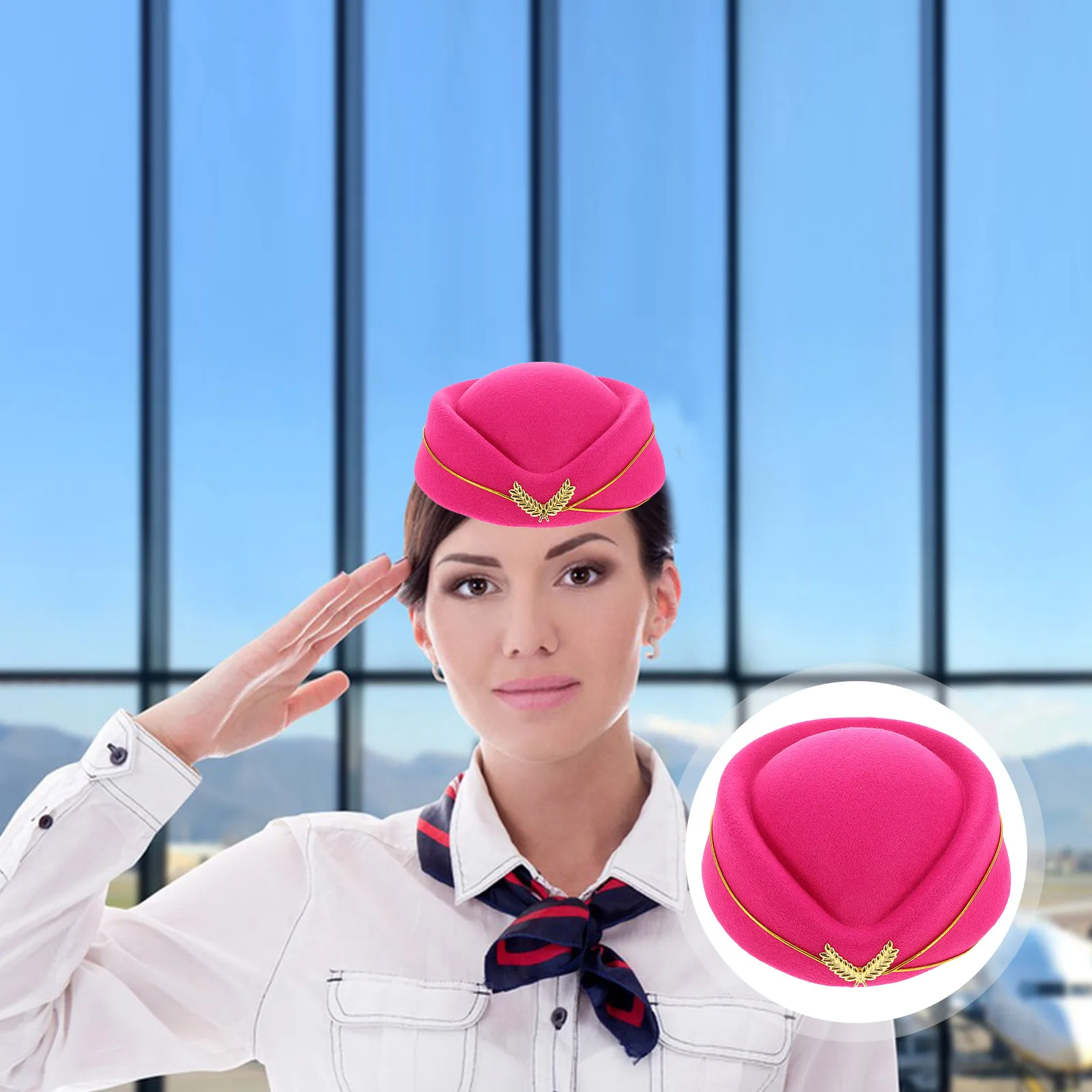 

Beret Stewardess Hat Airplane Hostess Clothing Cap Flight Attendant Accessories Airline Rosy Felt Uniform Costume Woman