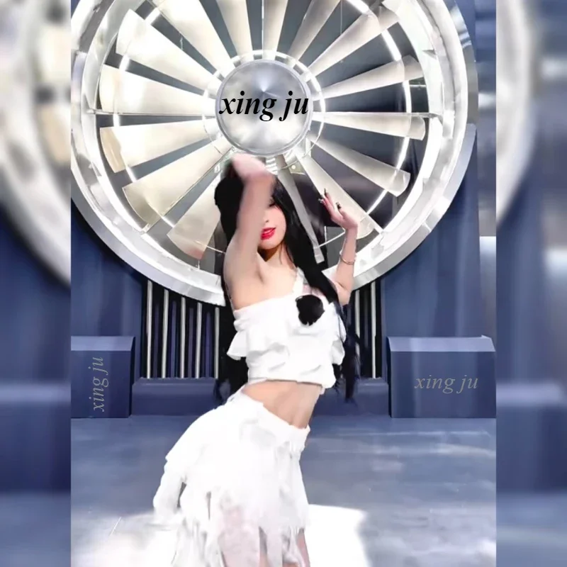 Kpop Korean Singer White Halter Crop Tops Irregular Ruffles Skirt Women Party Jazz Dance Costume Kpop Stage Performance Outfits