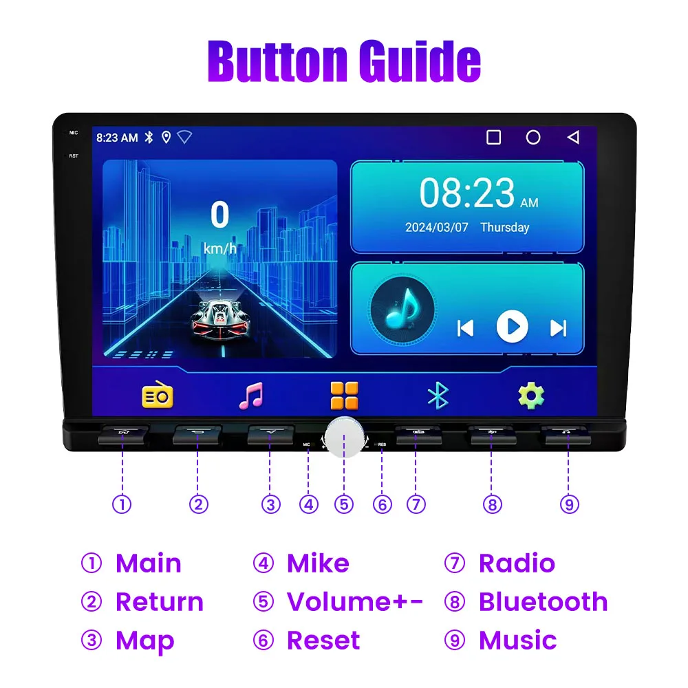 9 Inch Android Car Radio 2Din Universal Stereo Single Knob IPS Screen GPS Navigation Multimedia Video Player CarPlay Piano Keys