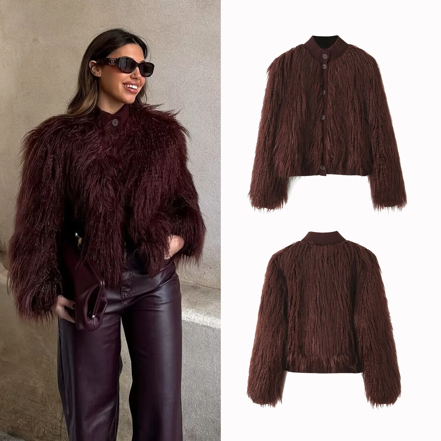 

Women Short Fur Jacket Streetwear Winter Casual Single Breasted Long Sleeves Stand Collar Artificial Fur Effect Knitted Jacket