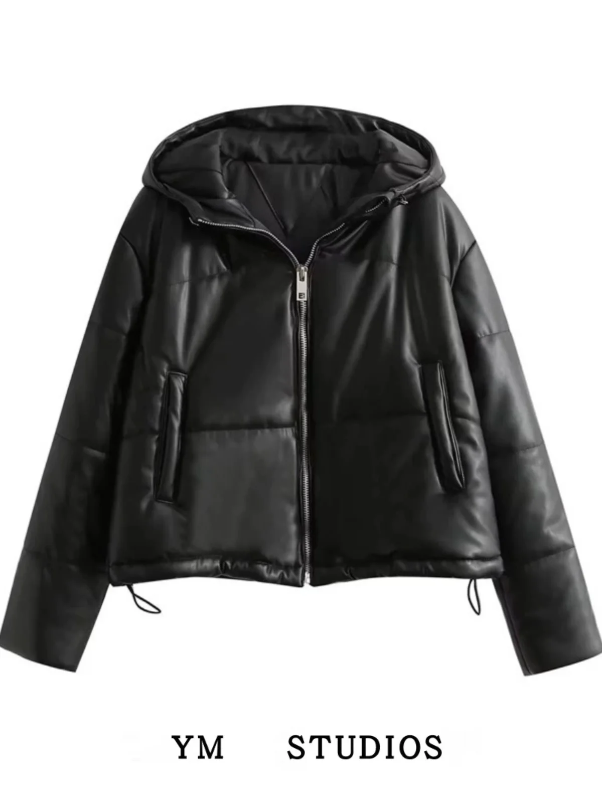 Women's Loose PU Leather Jacket Thickened Windproof Hooded Casual Cotton Winter Coat Street Style Zipper Closure Regular Length