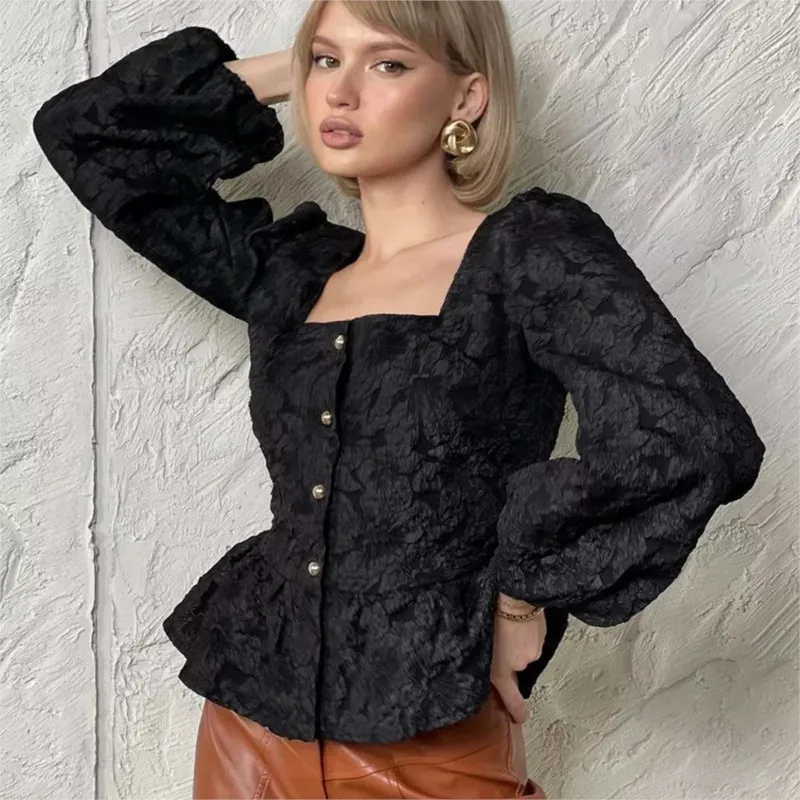 

French Jacquard Shirt Commuter Square Neck Bubble Sleeve Autumn Women's Shirt Casual Solid Color Button Long Sleeved Shirt Top
