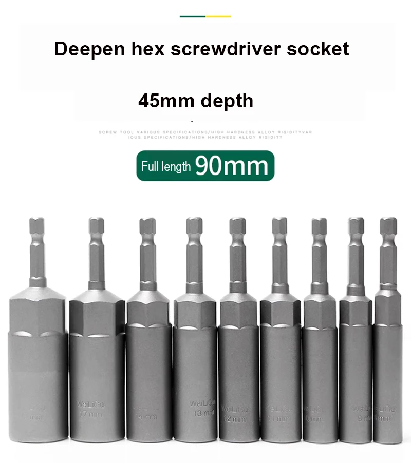 8mm-19mm Impact Socket Adapter 90mm Length Deepen Power Nut Driver Drill Bit Set for Power Tools 6.35Mm Hex Shank Quick Adapter