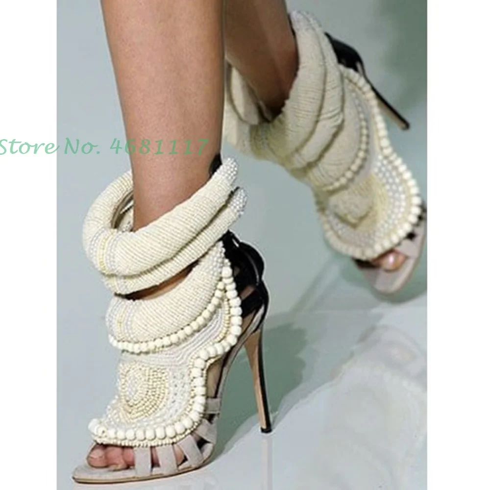 White Pearl Catwalk Flannel Sandals For Women Ethnic Concise Peep Toe High Thin Heels Sandals Party Ladies 2022 Summer Sandals