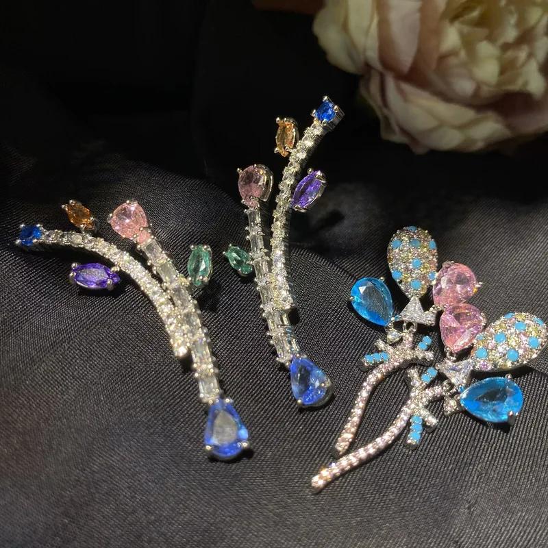 Colorful Balloon Cubic Zirconia Branch Earrings Women Elegant Long Dangle Earrings Daily Wear Fashion Jewelry