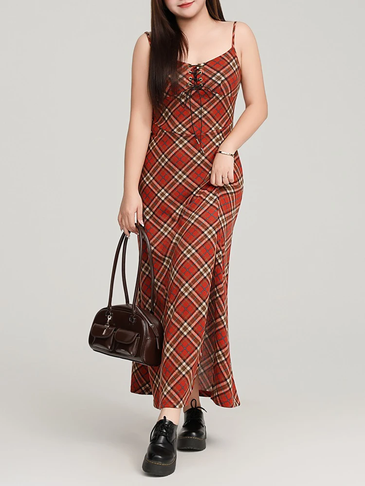 Spaghetti Strap Red Plaid 56cm Slit Dress Women Plus Size Good Quality 2025 Spring Sexy Slim Knit Long Dress 9146