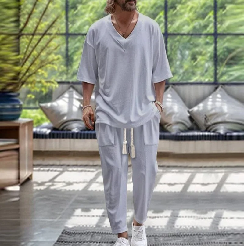 Autumn Casual Solid Color V-neck Pullover Short-sleeved Drawstring Pocket Design Foot Trousers Set for Men