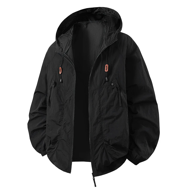Men UPF50+ Sun Protection Hooded Jacket Lightweight Quick Dry Windbreaker Zip Up Drawstring Outdoor Fish Hiking Casual Thin Coat