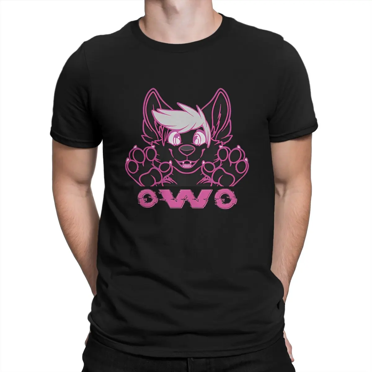 Fursuit Owo Cute Puppy Kawaii Pink T Shirt for Men Cotton Funny T-Shirts Crewneck Furry Tee Shirt Short Sleeve Clothes Gift