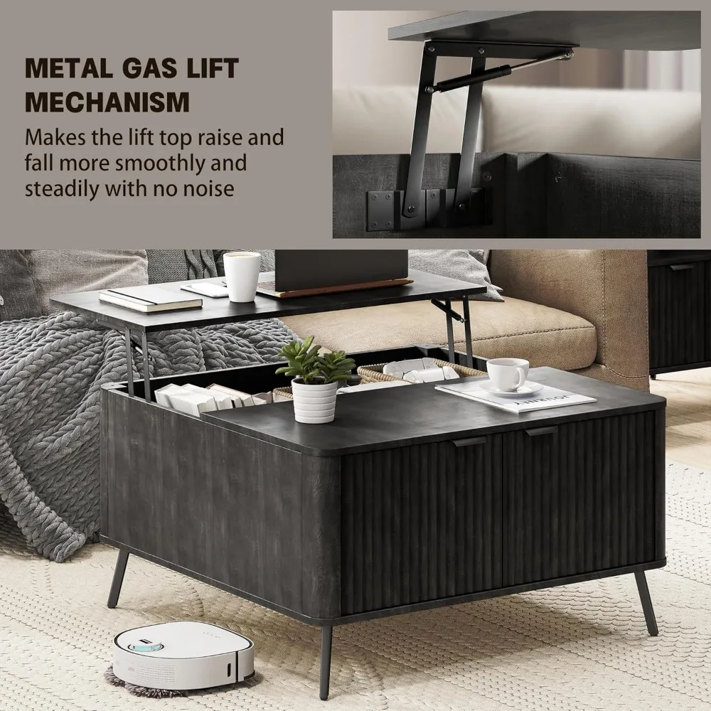 Lift Top Coffee Tables, 35.4" Square Coffee Tables with Storage, Modern Fluted Center Table with Hidden Storage Compartment