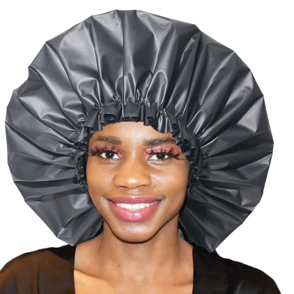 Extra Large Black EVA Waterproof Shower Cap, Elastic Hair Bonnet for Women