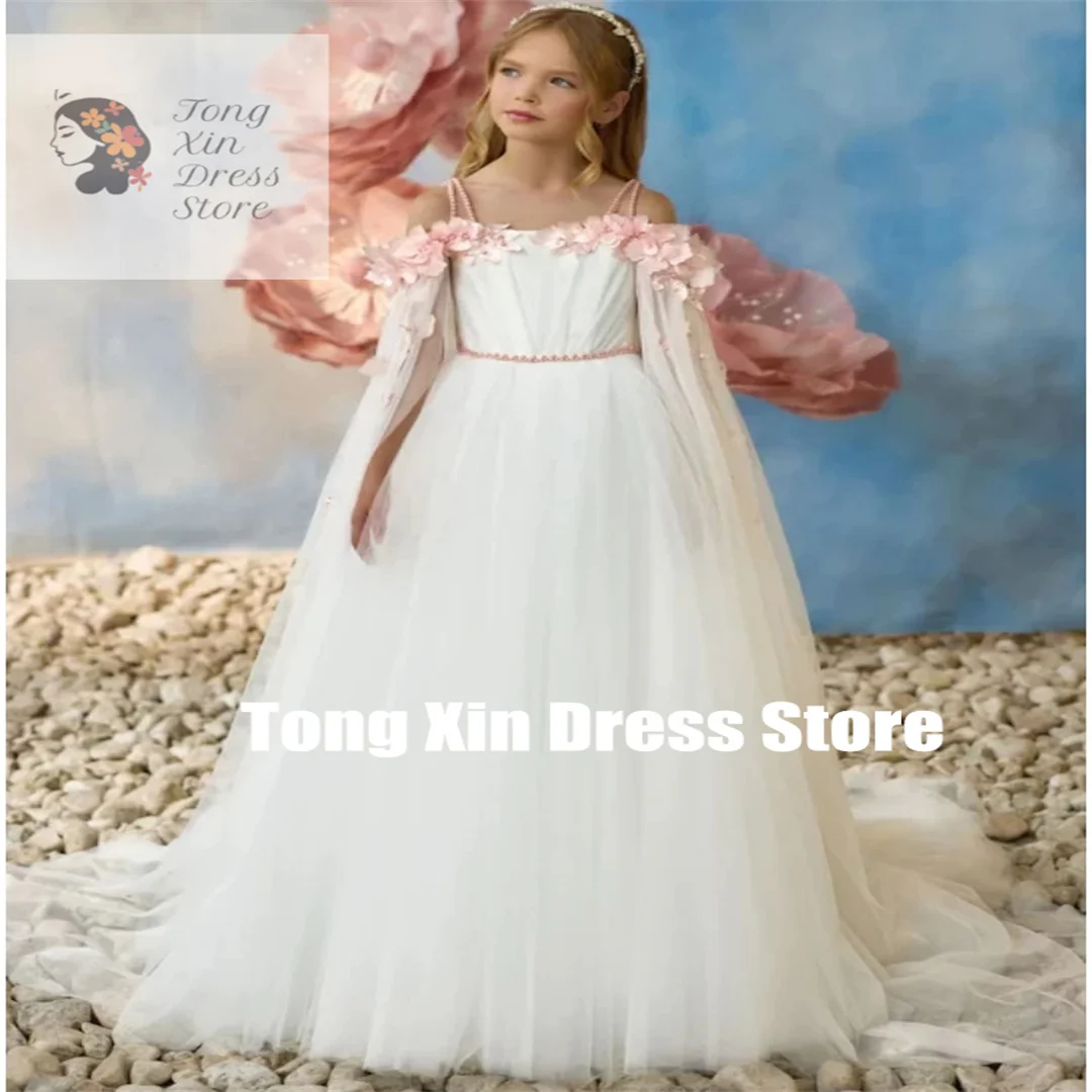 Customized Flower Girl Dresses White Tulle Pink Flowers Pearls With Trailing Sleeveless For Wedding Birthday Party Banquet Princ